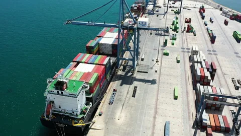 Aerial view of container ship loading in the port of Alicante. Stock Footage 138072046