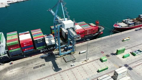Aerial view of container ship loading in the port of Alicante. Stock Footage 138072320