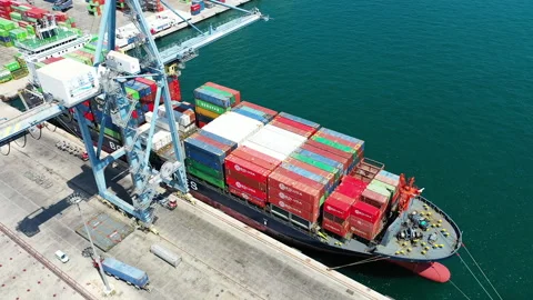 Aerial view of container ship loading in the port of Alicante. Stock Footage 138282783