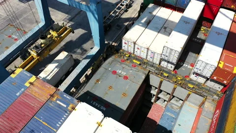 Aerial view of container ship loading in the port of Alicante. Stock Footage 138287939
