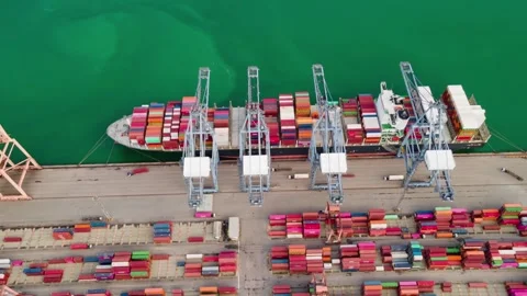 Aerial view container ship loading carrying container port terminal Water Stock-Footage 336269933