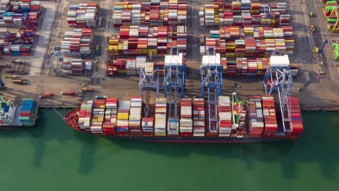 Aerial view container ship loading carrying container port terminal Water Stock-Footage 336270155