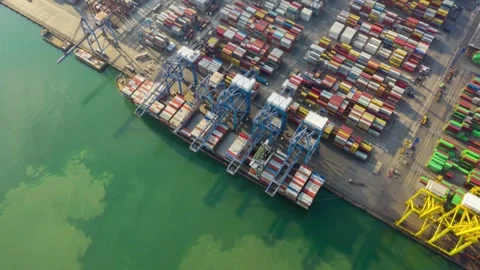 Aerial view container ship loading carrying container port terminal Water Stock-Footage 336270160