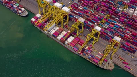 Aerial view container ship loading carrying container port terminal Water Video stock 336270161