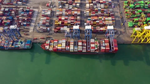 Aerial view container ship loading carrying container port terminal Water Stock-Footage 336270177