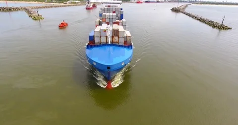 Aerial view of container ship in motion from the front - 12 Stock Footage 76278225