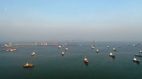 Aerial view. Container ship in pier with crane bridge carries out export and imp 스톡 동영상 105724715