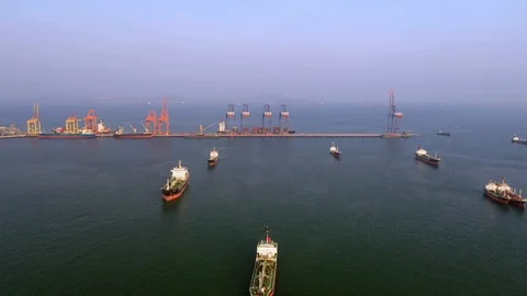 Aerial view. Container ship in pier with crane bridge carries out export and imp Video stock 106668159