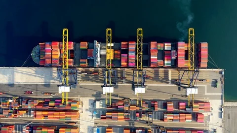 Aerial view. Container ship in pier with crane bridge carries out export and imp Video stock 107095284