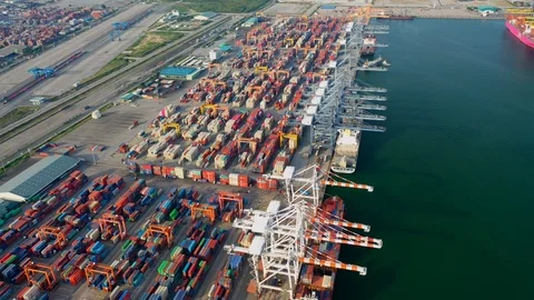 Aerial view. Container ship in pier with crane bridge carries out export Stock Footage 112613819