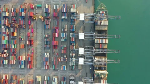 Aerial view. Container ship in pier with crane bridge carries out export  Video stock 124212400