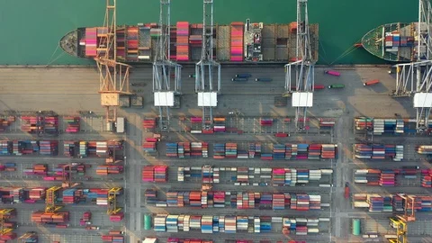 Aerial view. Container ship in pier with crane bridge carries out export  Vidéo 124910308