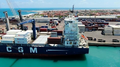 Aerial view of container ship in the port Fortaleza. Stock Footage 121006087
