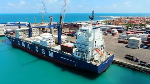 Aerial view of container ship in the port Fortaleza. Stock Footage 121157031
