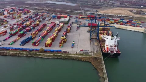 Aerial view of container ship on port of Varna, Bulgaria 스톡 동영상 293768477