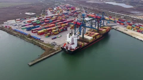 Aerial view of container ship on port of Varna, Bulgaria 스톡 동영상 293768626