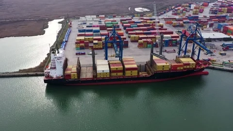 Aerial view of container ship on port of Varna, Bulgaria 動画素材 293768676