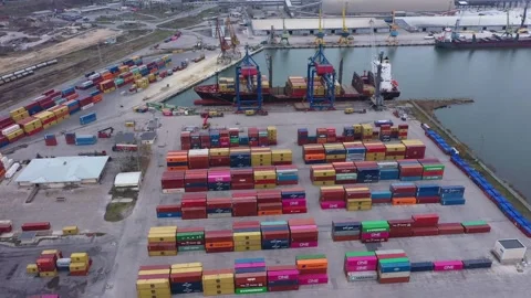 Aerial view of container ship on port of Varna, Bulgaria 스톡 동영상 293771608