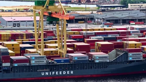 Aerial view of container ship at the Port of Riga, Latvia. Stock Footage 340812689