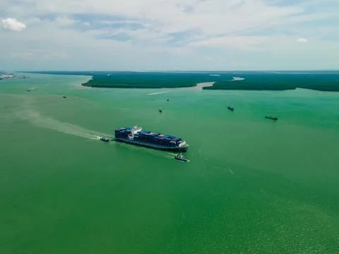 Aerial view of container ship sailing. 스톡 사진