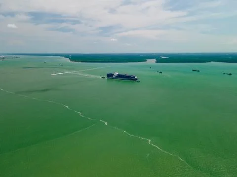 Aerial view of container ship sailing. 스톡 사진