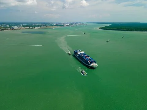Aerial view of container ship sailing. Foto stock