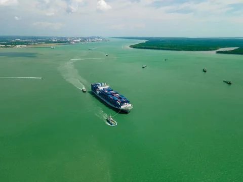 Aerial view of container ship sailing. Fotos Stock