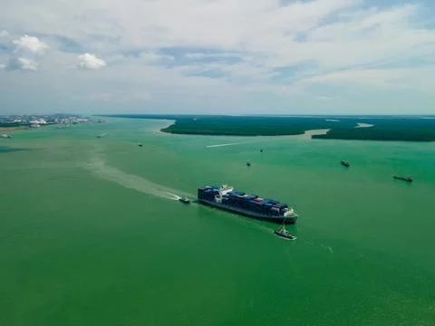 Aerial view of container ship sailing. 库存照片