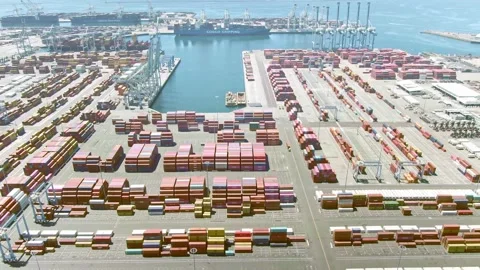 Aerial view of container ship in sea port. Global shipping industry. Drone shot  Stock Footage 163376795