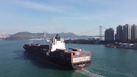 Aerial View of Container Ship at Tsing Ma Bridge, Hong Kong Stock Footage 270358218