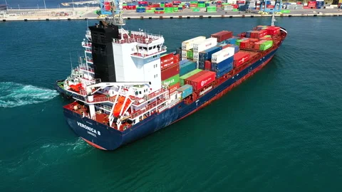 Aerial view of container ship Veronica B in the port of Alicante. Stock Footage 137560239