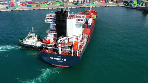 Aerial view of container ship Veronica B in the port of Alicante. Stock Footage 137562026