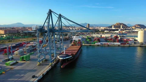 Aerial view of container ship Veronica B in the port of Alicante. Stock Footage 137607096