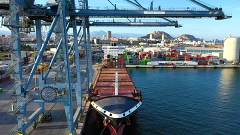 Aerial view of container ship Veronica B in the port of Alicante. Stock Footage 137608500