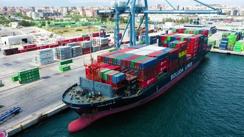 Aerial view of container ship Veronica B loading in the port of Alicante. Stock Footage 138070741
