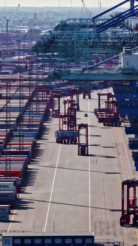 Aerial View Container Shipping Movement Port Terminal Logistics Vertical Stock Footage 344518870