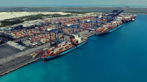 Aerial View of Container Shipping Port and Cargo Terminal, Bahamas Stock Footage 104018337