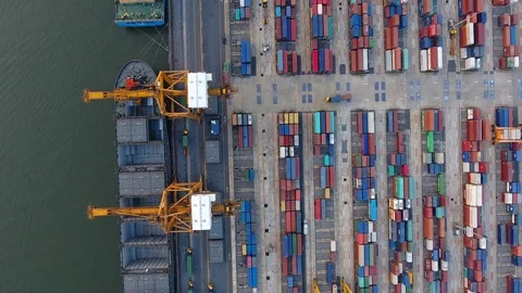 Aerial view of container ships and lifting cranes in the Port of Bangkok. Stock Footage 74100863