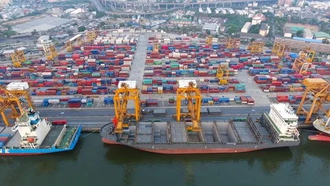 Aerial view of container ships and lifting cranes in the Port of Bangkok. Stock Footage 74101009