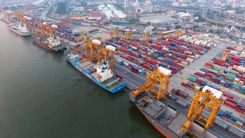 Aerial view of container ships Stock Footage 75991932