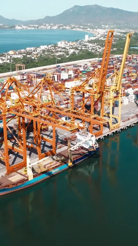 Aerial view of container ships unloading cargo at the port of Manzanillo in Stock Footage 337658716