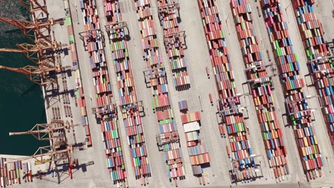 Aerial view of a container terminal and logistics hub Stock Footage 345858049