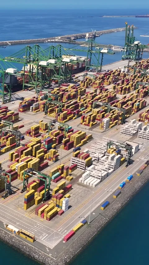Aerial view of container terminal with cargo and shipping containers Video stock 342321560