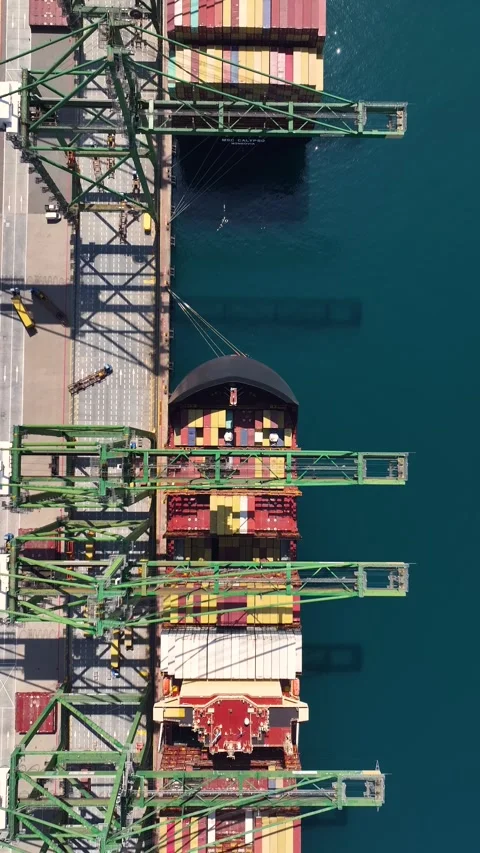 Aerial view of container terminal with loading and unloading activity Stock Footage 340234631