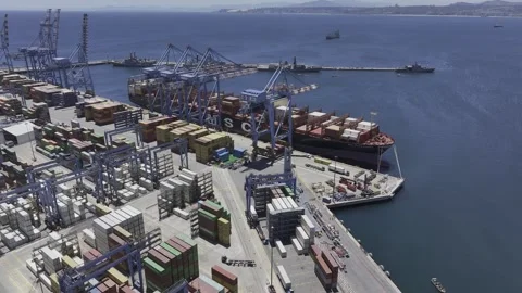 Aerial view of container terminal operations at the Valparaíso Port, Chile Stock Footage 346584469