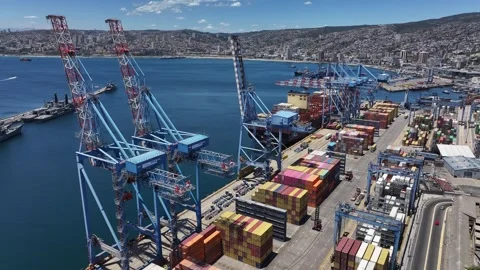 Aerial view of container terminal operations at the Valparaíso Port, Chile Stock Footage 346584783