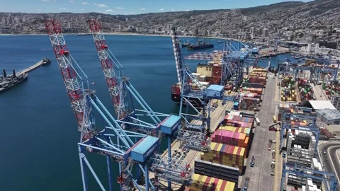 Aerial view of container terminal operations at the Valparaíso Port, Chile Stock Footage 346585440