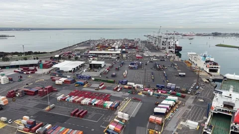 Aerial view of container terminal port with ships and cranes 스톡 동영상 337811242