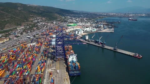 Aerial View of Container Terminal by the Sea Stock Footage 342343992