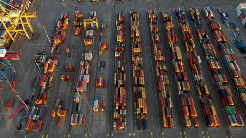 Aerial view of the container terminal of the seaport of the city of Valencia and Stock Footage 122582365